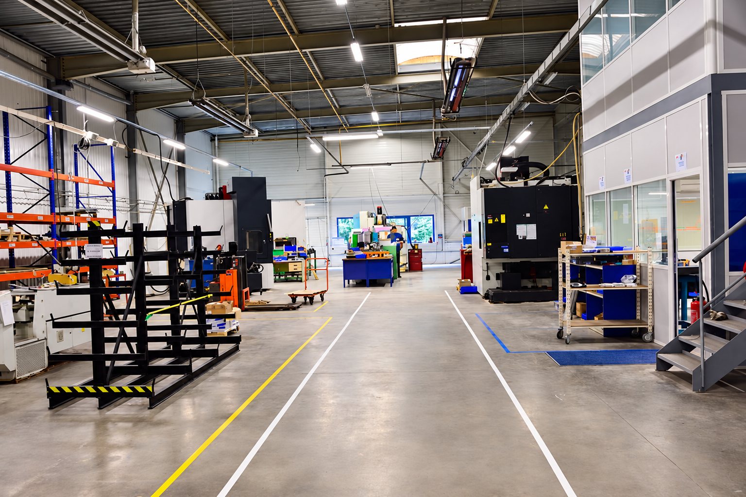 Vaste atelier industriel au sol en béton marqué de lignes jaune et blanche, avec des machines-outils, des racks de stockage et un opérateur au fond.