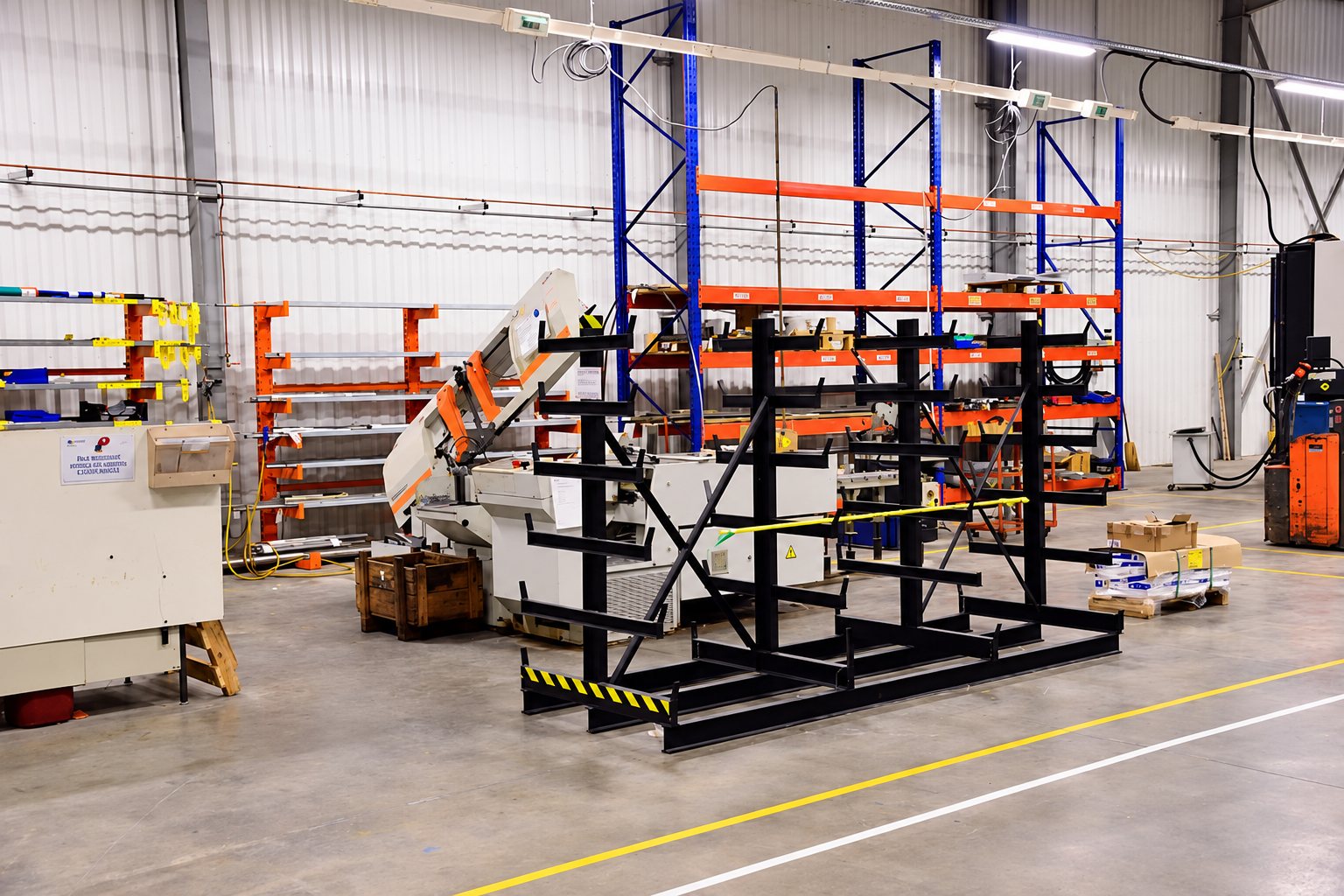 Intérieur d'un atelier industriel avec une scie à ruban, des racks cantilever noirs et des étagères orange et bleues sur un sol en béton.
