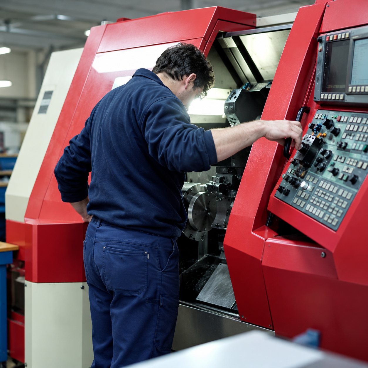 Un homme en vêtements sombres, penché de profil, manipule les commandes d'une grande machine rouge.