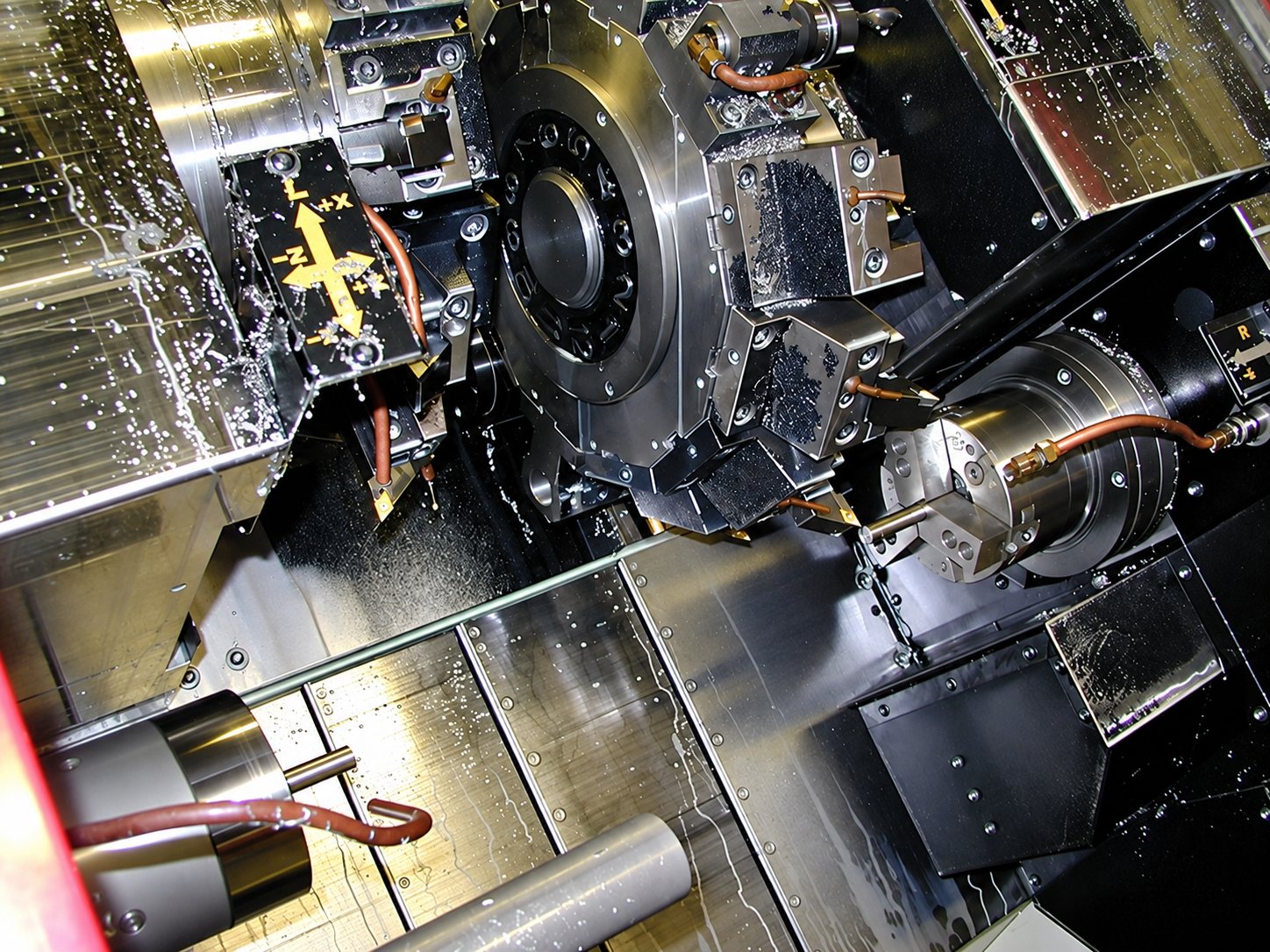 Vue de l'intérieur d'une machine-outil CNC en fonctionnement, avec broches, tourelle porte-outils et projections de liquide de coupe.