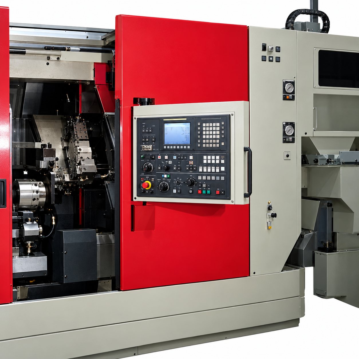 Une machine-outil industrielle à commande numérique, rouge et grise, avec son panneau de commande et sa porte vitrée de protection.