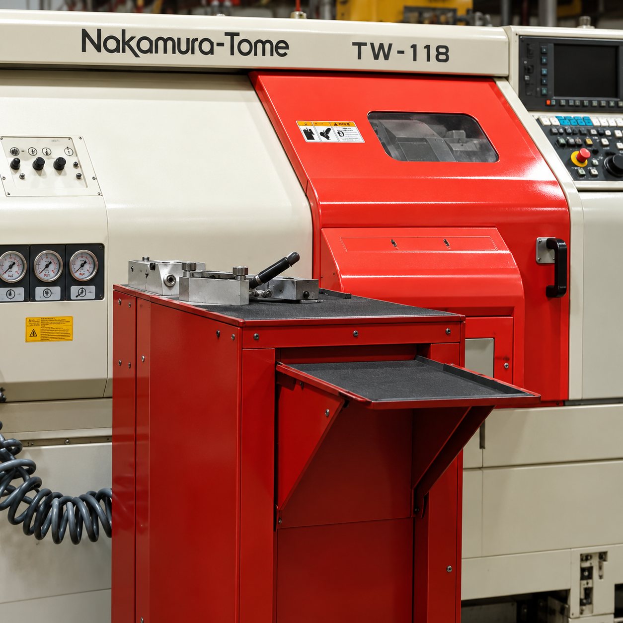 Une machine-outil industrielle rouge et blanche portant une plaque de marque, photographiée dans un atelier.