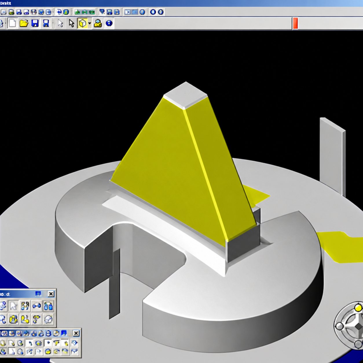Capture d'écran d'un logiciel de conception 3D montrant une pièce grise avec une partie pyramidale surlignée en jaune.