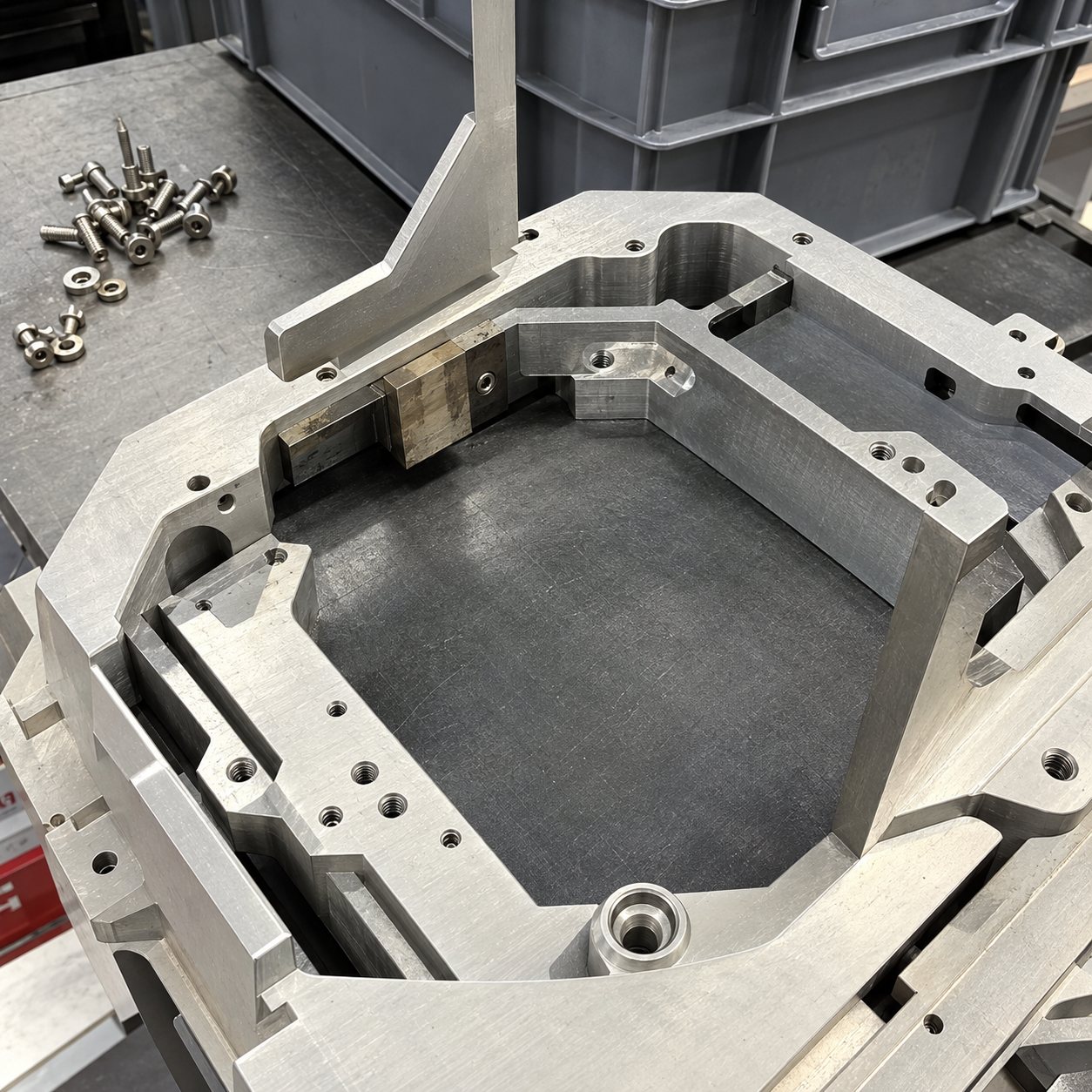 Gros plan sur une pièce métallique grise usinée avec plusieurs bords et fixations, posée dans un atelier.
